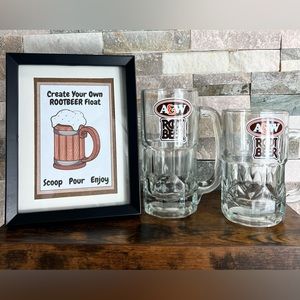 A&W root beer mugs and root beer float sign .